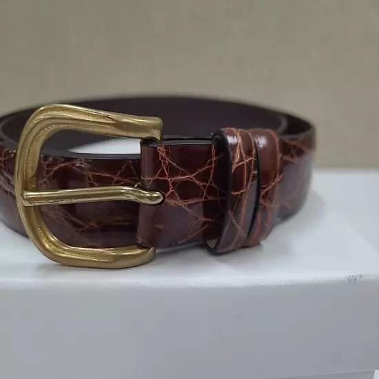 New Simonnot Godard Crocodile Print Leather Belt Brown Sz 36" (90cm) x 1" Wide