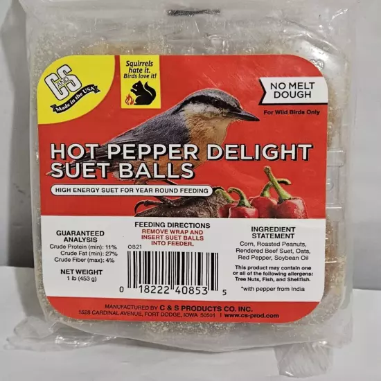 C&S Hot Pepper Delight Suet Balls, No Melt, 1 Lb, Bird Food