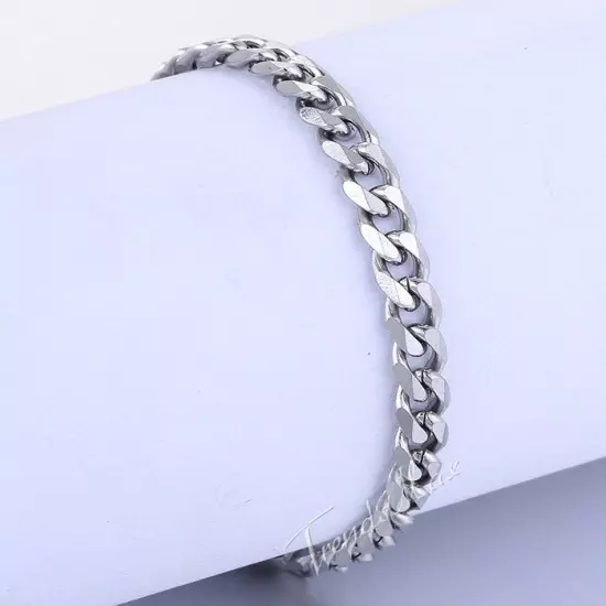 5mm 7inch Mens Chain Boys Silver Curb Cuban Link Stainless Steel Bracelet Gift