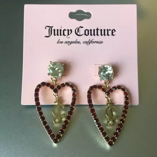 Juicy Couture Heart Earrings Red Rhinestone with JC Dangle NEW