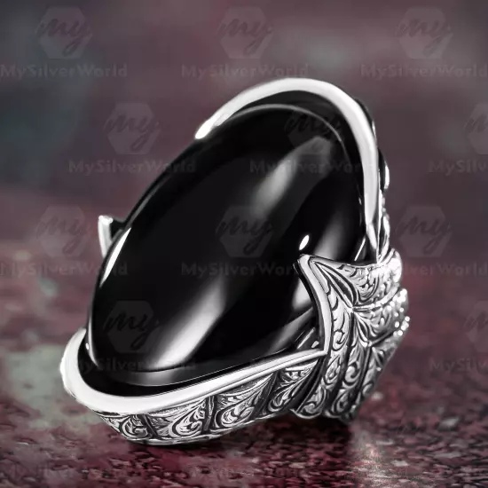 925 Sterling Silver Onyx Stone Engraved Design Turkish Handmade Huge Men's Ring