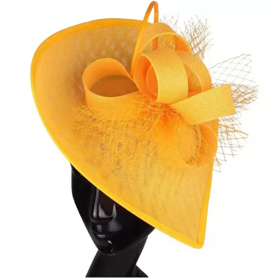 BRAND NEW LARGE YELLOW GOLD SINAMAY FASCINATOR & TRIM & NETTING, SPRING RACING