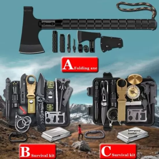 Multifunctional Folding Survival Axe & Emergency KIT Tactical Knife & Flashlight