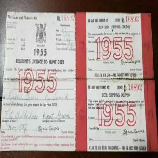 1955 Ontario Deer Hunting License + 2tags Lands & Forests Game Fisheries L&F MNR