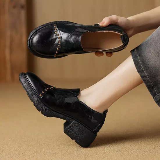 Womens Fashion Sheepskin Round Toe Studs Elastic Top Block Heel Loafer Shoes NWO