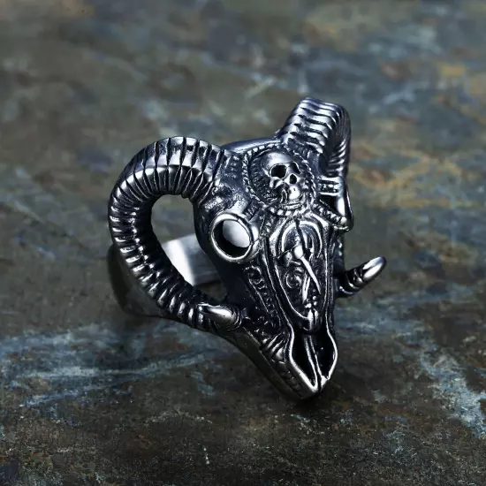 Evil Sacrifice Sorcerer Goat Head Mask Skull Ring Stainless Steel Punk Ram Ring