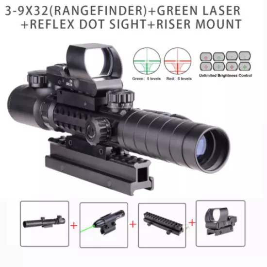 Pinty 3-9X32 EG Rifle Scope Green Laser & Rail Mount & Red\Green Dot Reflex Sigh