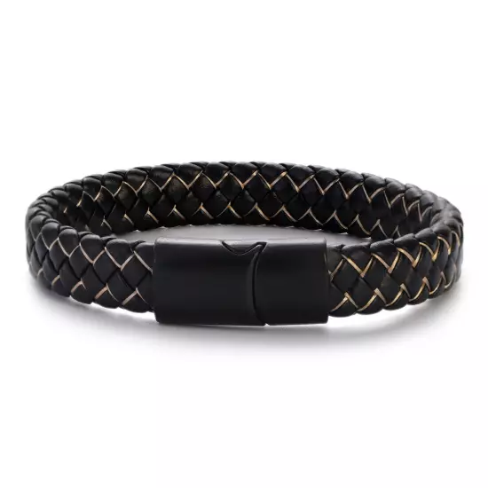 Genuine Leather Braided Bracelet Magnetic Buckle Band Men Stainless Steel Bangle