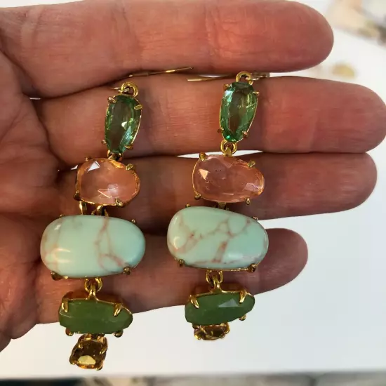 Faux Turquoise and Gem Stone Drop Dangle Gold Tone Earrings Pink Green Amber