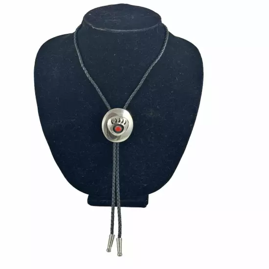 Vtg Bear Paw Bolo Tie Black Cord Silvertone Red Stone