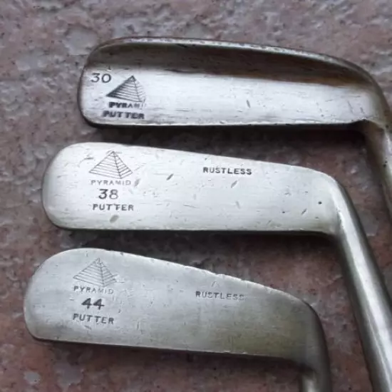 3 Antique Vintage Pyramid Hickory Wood Shaft Golf Club Putters Model 30 38 & 44