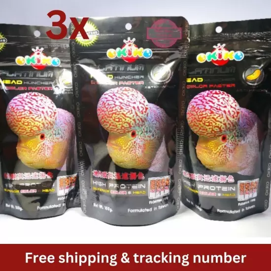 3x Okiko Cichlid Flowerhorn Fish Food Head Up Hunch Platinum M,L,XL Pellet 100g