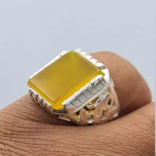 Aqeeq Akik Hakik Bague - Handmade Natural Yellow Yemeni Aqeeq Ring, Stunning Des