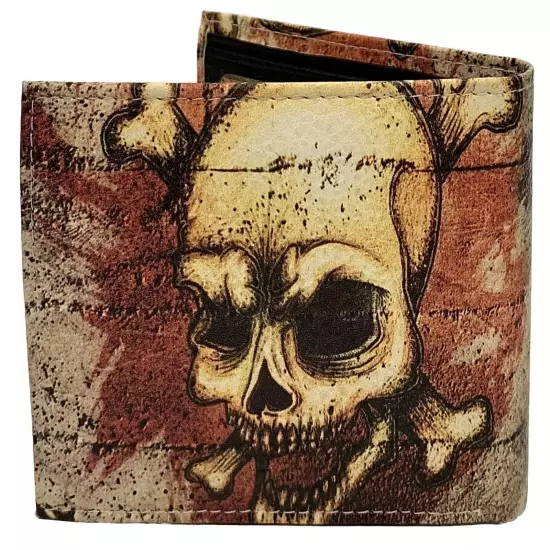 Skull & Crossbones Men's Wallet Bi-Fold Faux Leather 6 Credit Card Slots & Flap