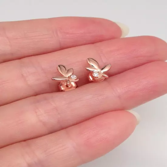 Cz Leaf Vine Stud Earrings 925 Sterling Silver Tiny Studs Womens 8.5mm Rose Gold