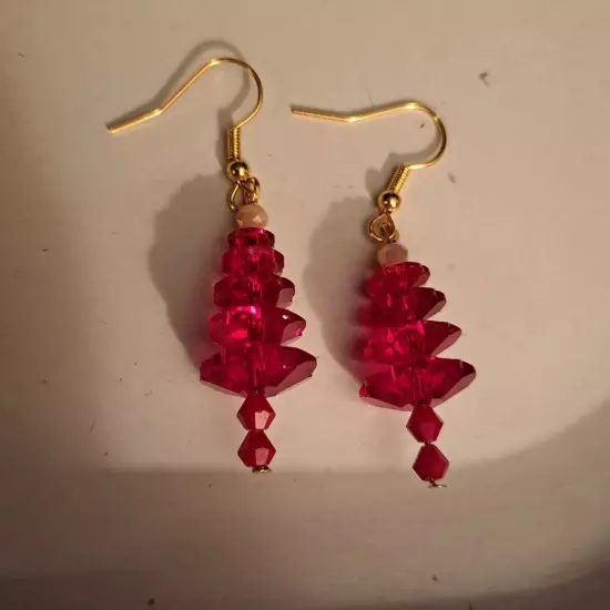 Christmas Tree Earrings 3D Red Holiday 3/4" Long Dangle