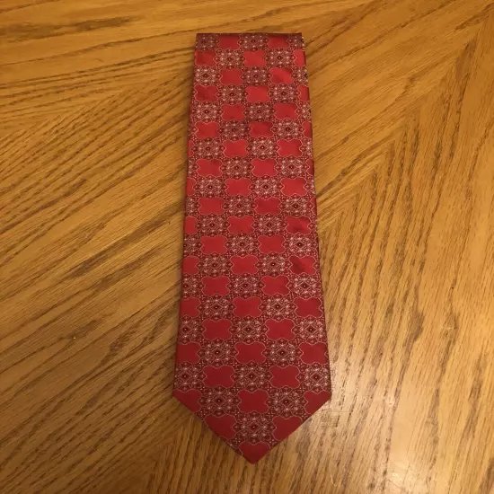 Jos. A. Bank Signature Silk Tie, Italy Red & White Floral Geometric Design 