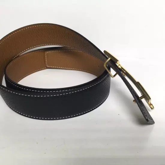 Hermes Gold Buckle Reversible Leather Black Brown white Stitch Belt 95 Unisex