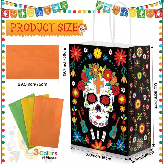 16 Packs Day of The Dead Gift Bags with Handles Dia De 1 Count (Pack 1) 