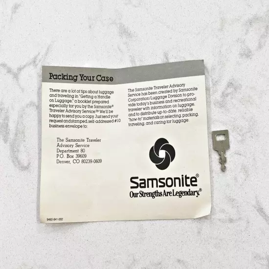 Vintage Samsonite Replacement Luggage Key w/Original Printed Info Card