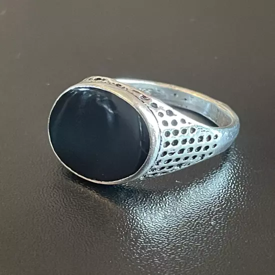 Round Black Obsidian Stone S925 Silver Plated Men Women Statement Ring 