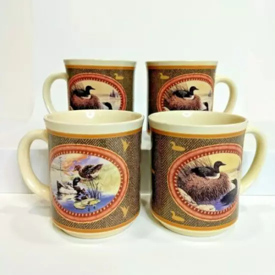 Vintage Retro Ducks Mugs Set of 4Pc 1991 Enesco Scotty Smith Korea Coffee Tea