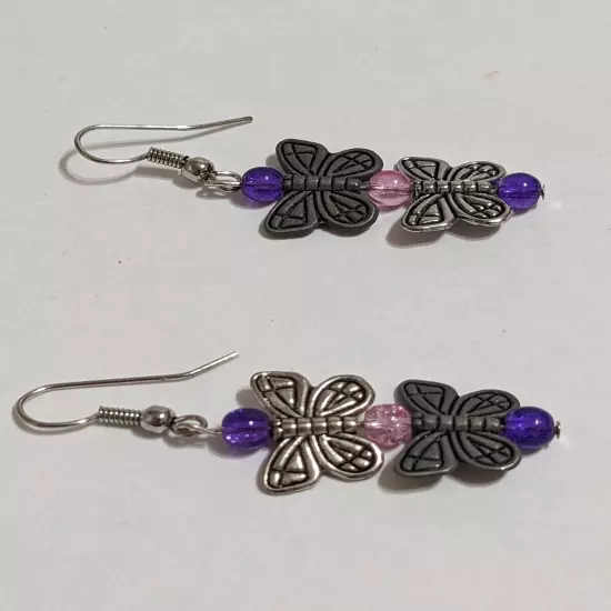 Silver Tone Hook/Dangle Butterfly Earrings With Acrylic Beads. Etched. Modern. 