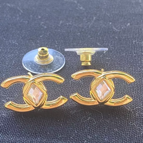 Chanel Gold Crystal Classic CC Earrings 