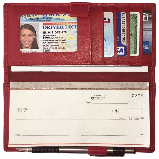 RFID Leather Checkbook Cover With Credit Card Slots and Pen Holder