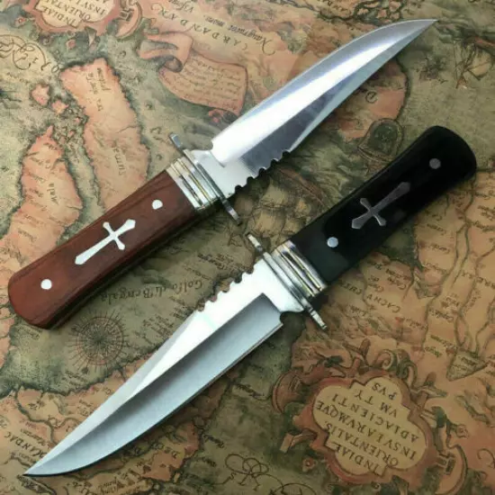 X2 8" Hunting Knife Full Tang Stainless Steel Blade with Wood Handle Cross