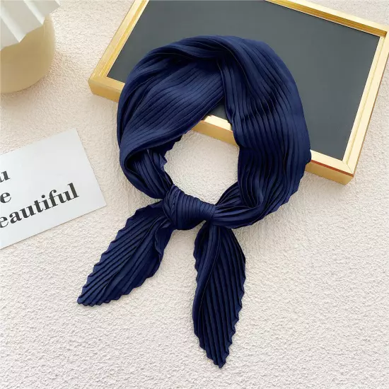 Women's Square Silk Pleated Head Hair Neck Scarf Satin Neckerchief Scarf