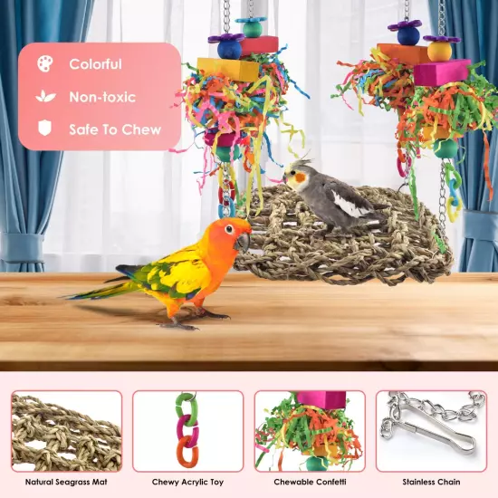 Conure Toys, Bird Grass Swing Mat Parrot Climbing Hammock with Colorful Toys for