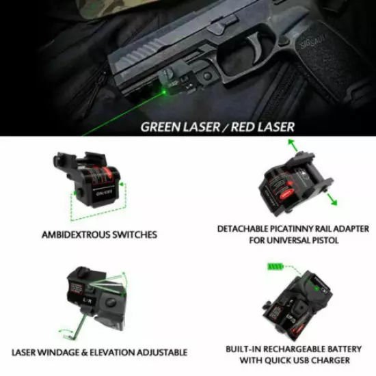 Rechargeable USB For Glock 17 18c 19 21 Taurus G2C Green Laser Sight Pistol Gun