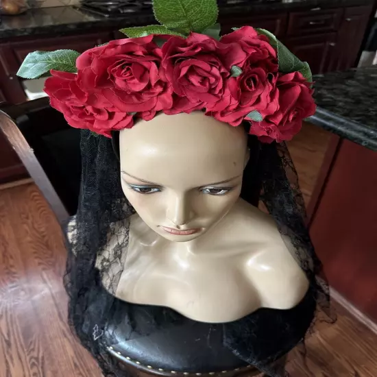 Ladies Mexican Day Of The Dead Black Veil Rose Headband Halloween Headpiece