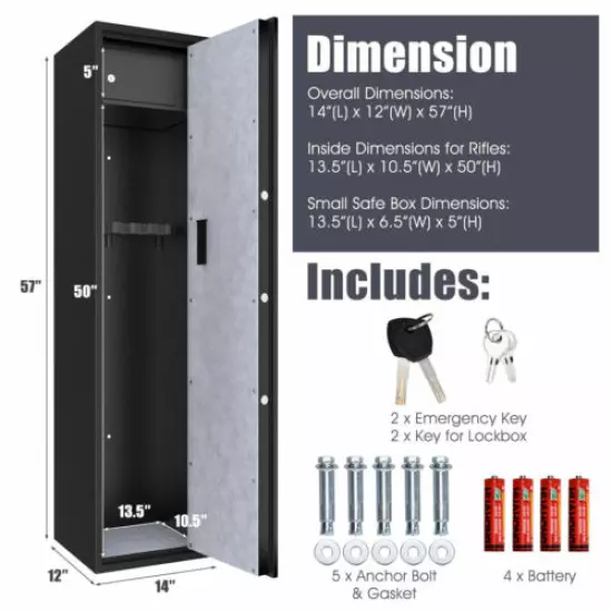 Large Rifle Safe Quick Access 5-Gun Storage Cabinet w/ Pistol Lock Box