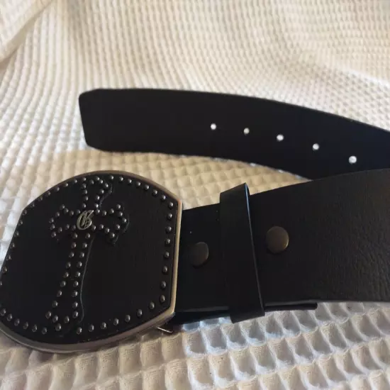 Guess Leather Belt Mens Big Black Cross Buckle Sz 40 Silver Tone