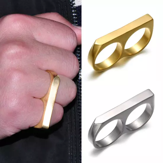 Two Fingers Double Ring Stainless Steel Men's Hip Hop Style Ring 8,9,10,11,12,13