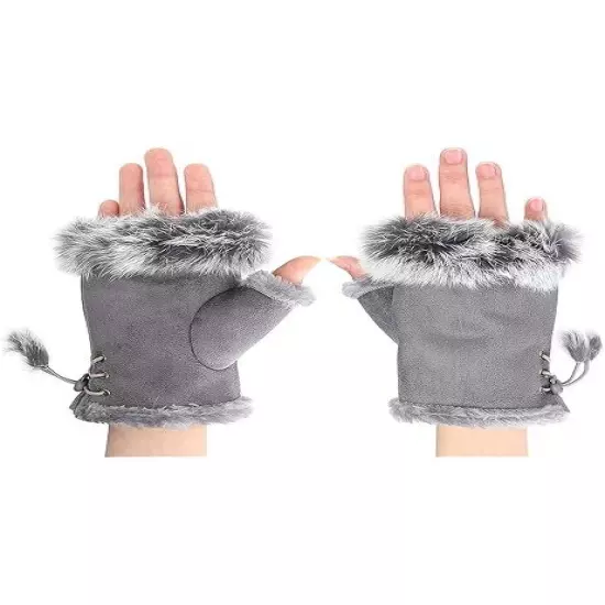 Fingerless Women Fur Gloves Winter Warm Touchscreen Fleece Lined Mittens NEW