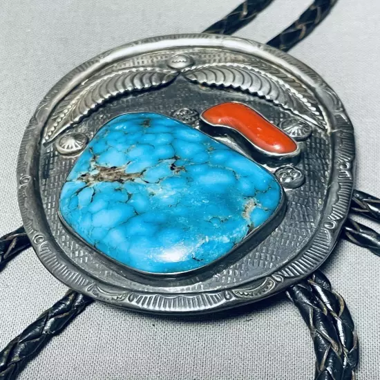 HUGE VINTAGE NAVAJO SPIDERWEB TURQUOISE STERLING SILVER BOLO TIE OLD