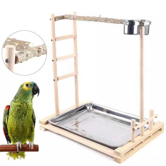 Wooden Perches Bird Stand Large Parrot Perch Playstand with Steel Tray + 2*Fo...