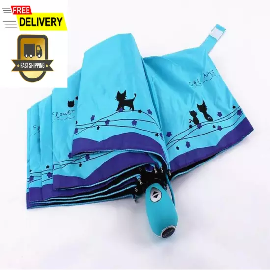 Windproof Compact Travel Folding Cute Cat Umbrella,Auto Open Close Rain&Sun USA.