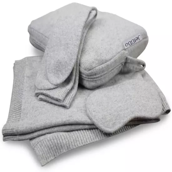 Jet&Bo 100% Cashmere Travel Set: Blanket, Eye Mask, Socks, Carry Case Gray