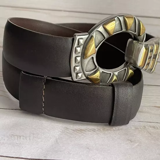 Chicos Belt Brown Leather Large Oval Silver Gold Buckle Tribal Aztec S/M