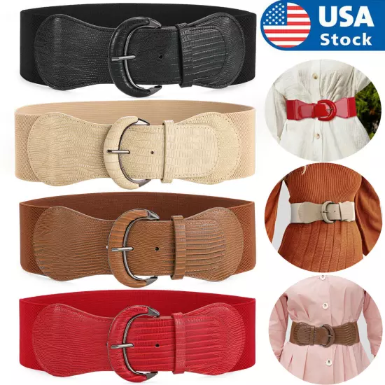 Womens Belt Wide Buckle Elastic Stretch Women Faux Leather Skinny Waist Dress US