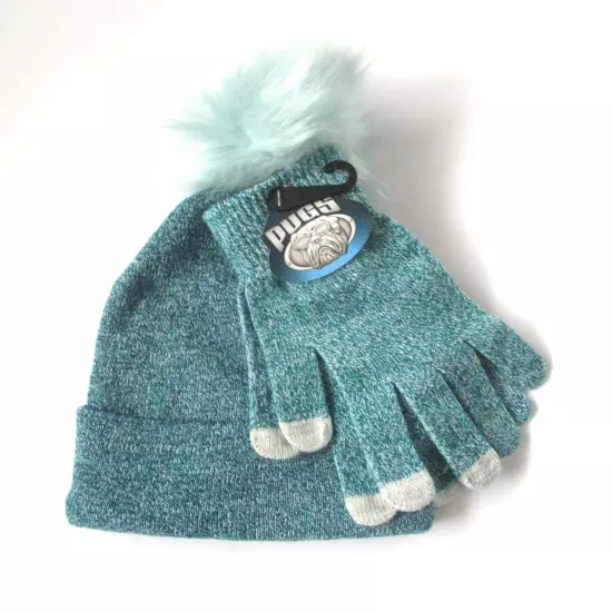 Pugs Knit Hat Glove Set Cuffed Beanie Pom TEAL One Size NWT