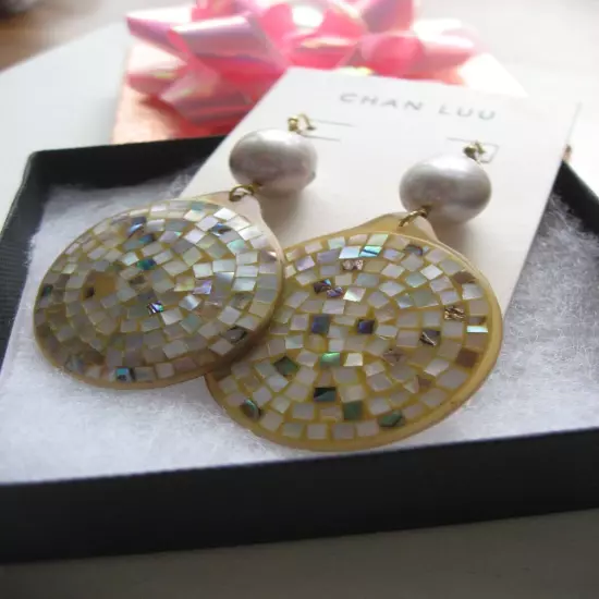 Chan Luu Earrings Pearl Abalone Shell Inlay Mosaic Style Gold NWT $215 Moderrn