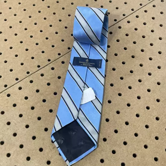 NWT Brooks Brothers Modern Silk Neck Tie USA Repp Stripe Light Blue & Silver Men