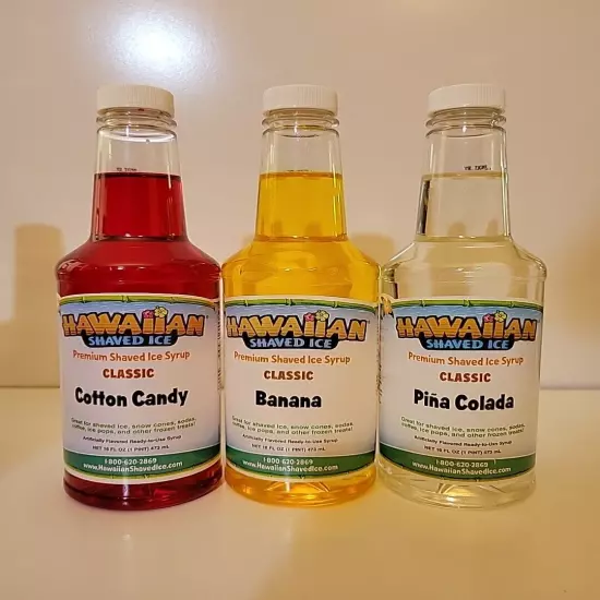 Hawaiian Shaved Ice Syrup Banana Piña Colada Cotton Candy 16 Oz. 3 Bottles