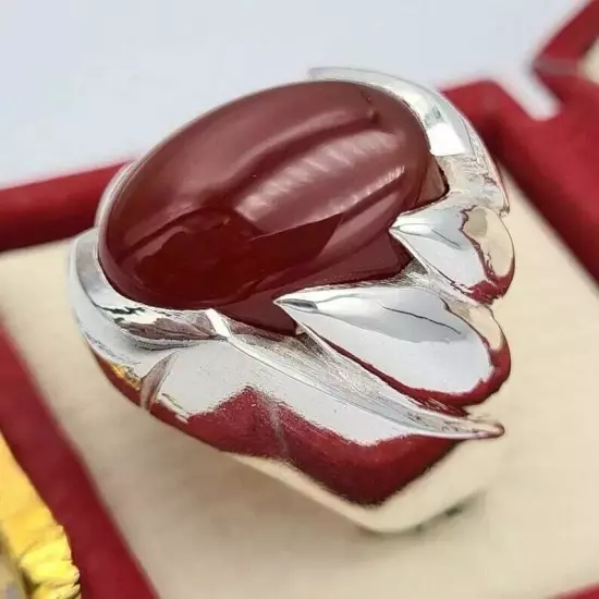 Yemeni Akik Ring - Mens Aqeeq Carnelian Agate Silver Bague