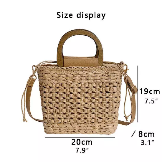 Straw Bags Women Tote Bags Handbags Weave Wooden Handle Beach Shoulder Bag